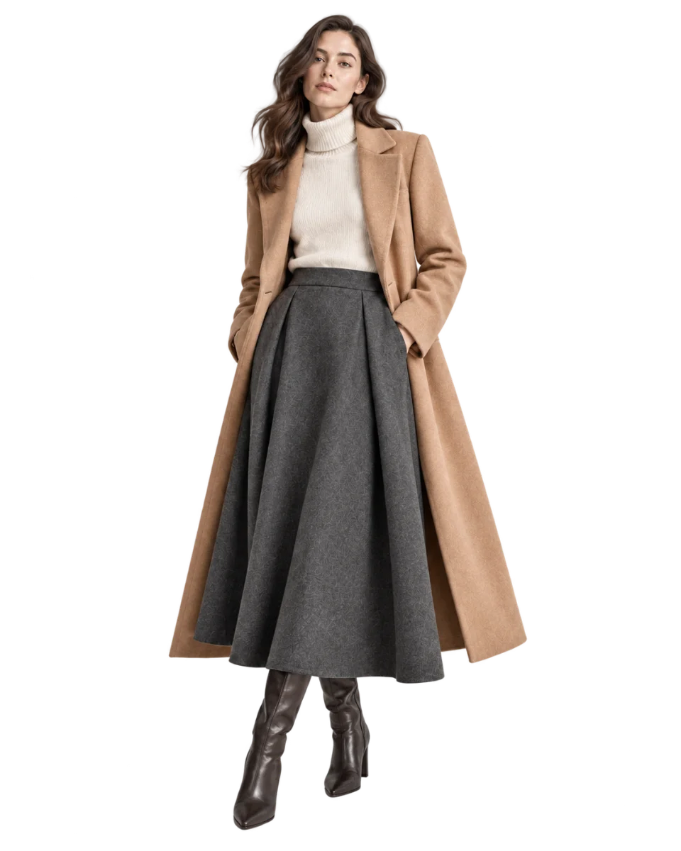 Winter look: midi skirt, cashmere knit and camel wool coat