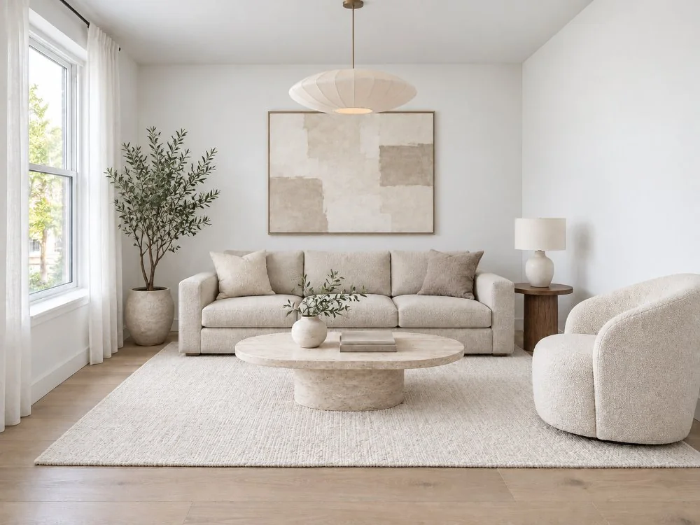 Living room with the sofa, chair and coffee table placed by Soral
