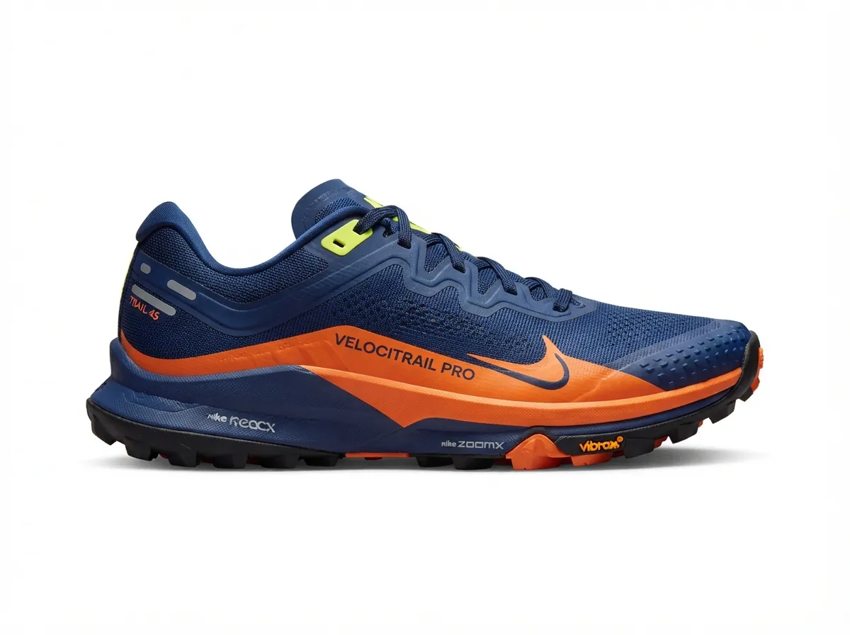 Clean commercial studio product photography cutout of a modern high-performance trail running shoe